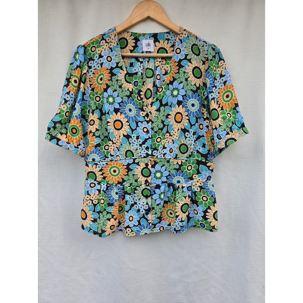 Cabi Floral Peplum Blouse Blue Green Orange Button Front V-Neck Top 5900 Medium
